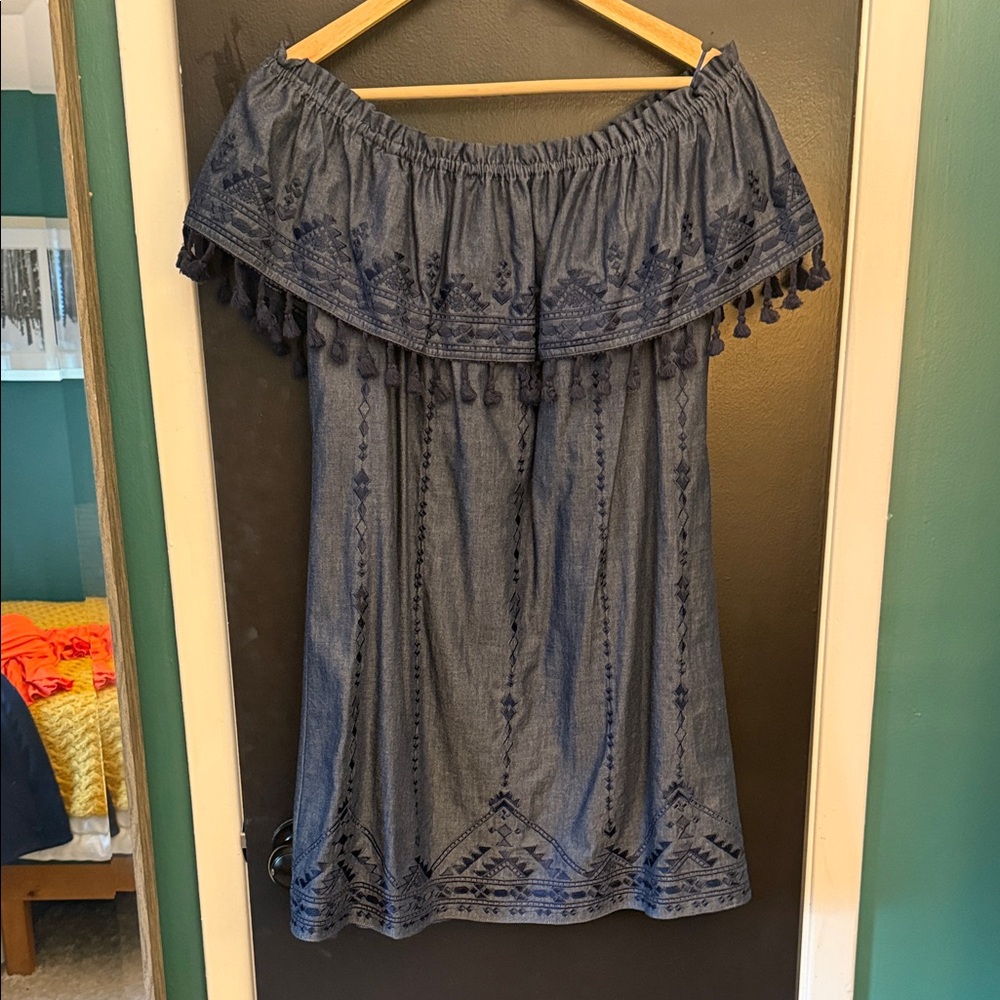 Parker sz.Medium Off-Shoulder Embroidered Tassel Dress in Denim Blue
